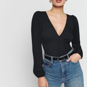 Reformation Nell Top Blouse Black Puff Sleeve Button